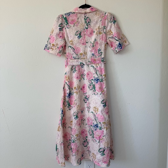 Miss Kelly 1999 Cottagecore Floral Embroidered Shawl Collar Belted Midi Dress - Picture 8 of 11